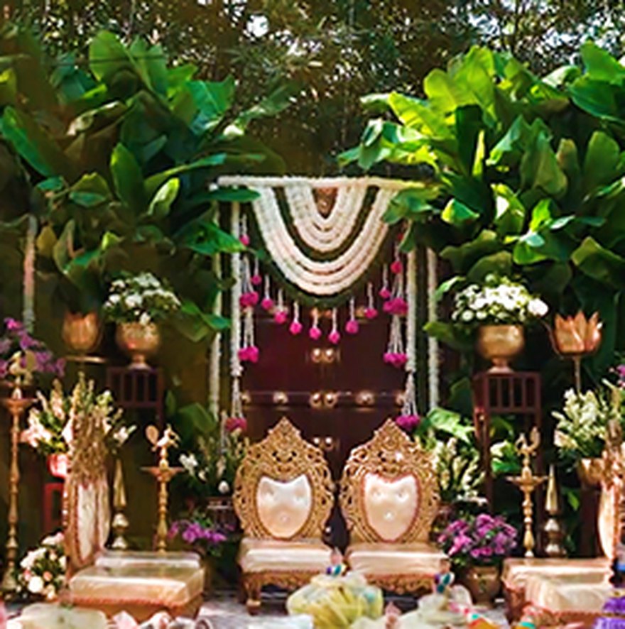 Outdoor garden ceremony mandap with floral seating by Versato Ventures, Bengaluru