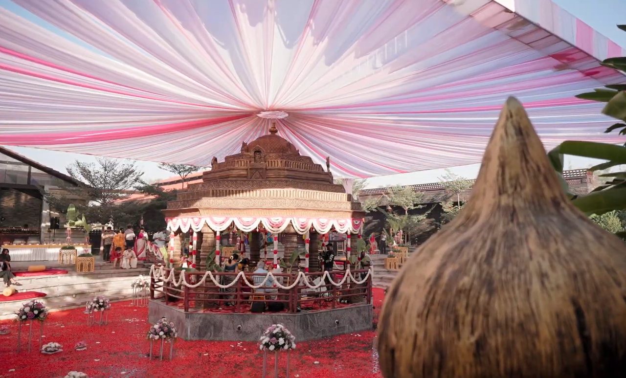 The mandap under the draped canopy